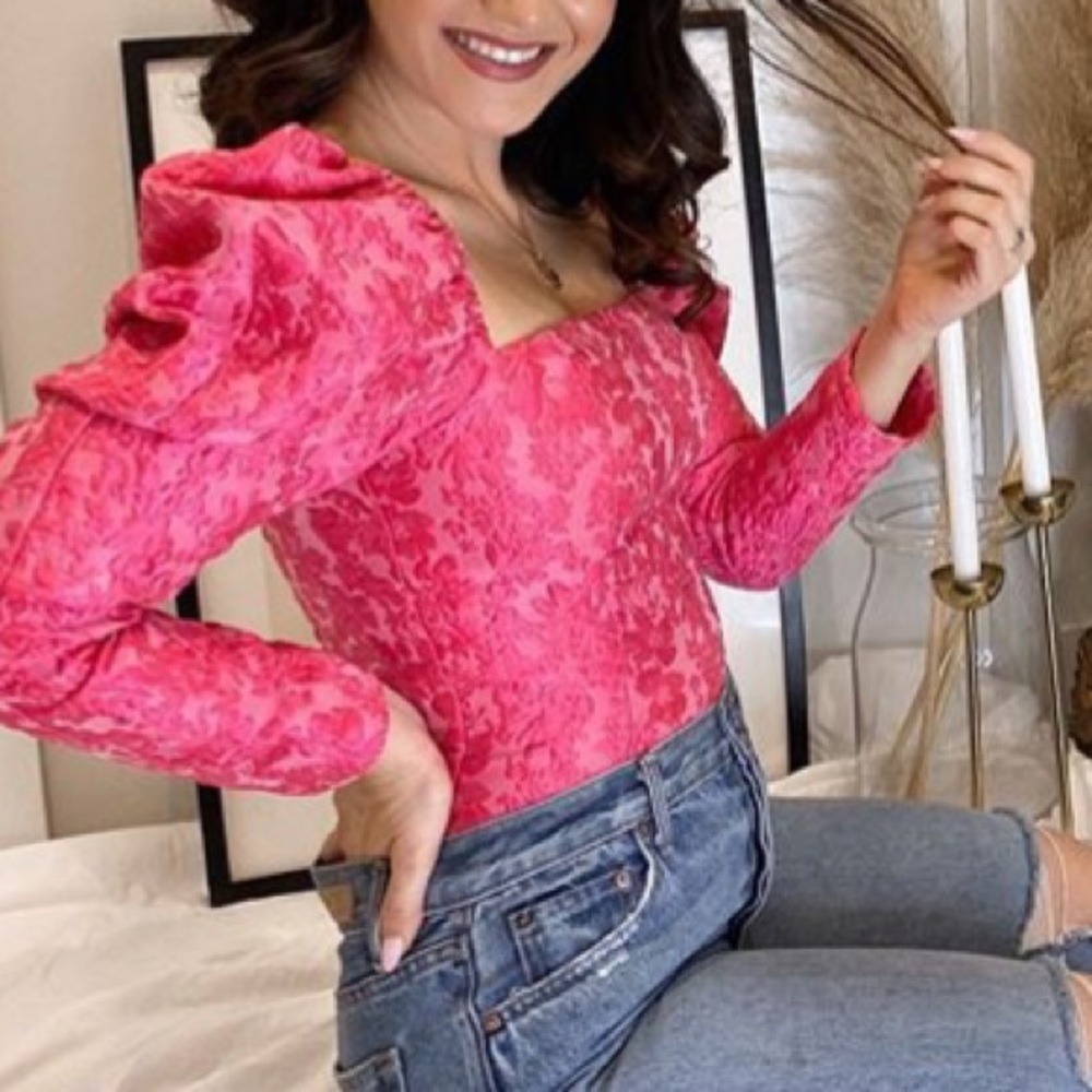 Puff Sleeve Top in pink floral jacquard